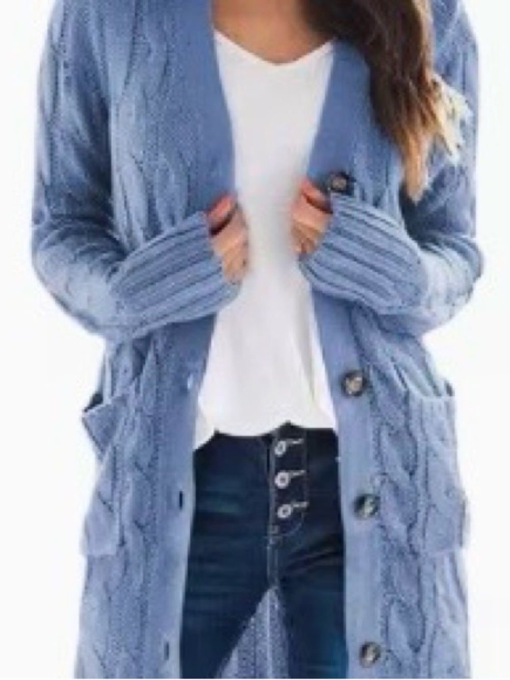 Boutique Cable Knit button down front Long Cardigan Sweater blue pockets Size M
